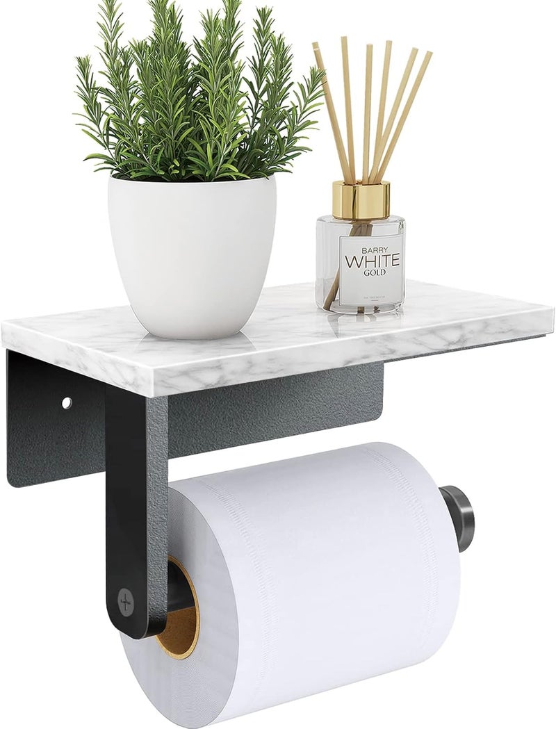 Gypie Marble Toilet Paper Holder with Shelf, 304 Stainless Steel Screw Wall Mounted, Tissue Roll Holder for Bathroom Washroom Matte Black - Image 1